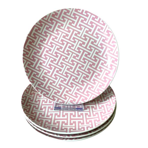 Godinger Porcelain Appetizer Plates 8.25" Pink & White Geometric Set of 4 NEW - Picture 10 of 11